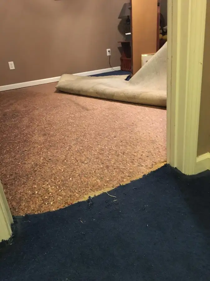 Carpet pad removal revealing water damage during Water Mitigation Services in St. Pete Beach